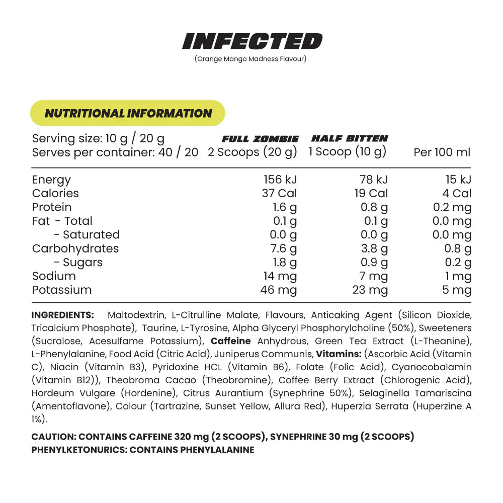 Zombie Labs Infected Pre Workout Nutritional Info 