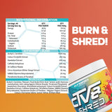 ACTV8 Shred nutritional information panel showing ingredients including Acetyl L-Carnitine, Caffeine, and Coleus Forskohlii for thermogenic fat burning support