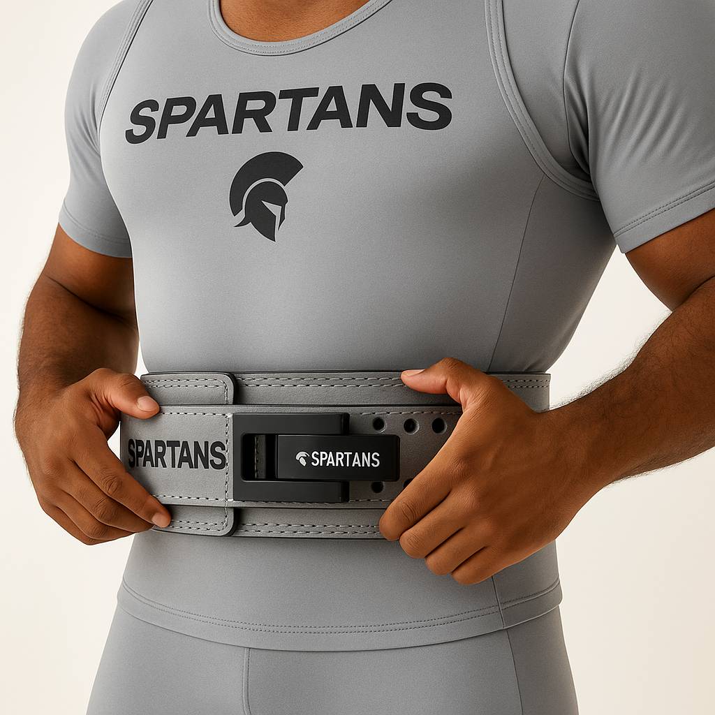 Concrete grey Spartans Elite Lever Lifting Belt with black embossed branding and durable lever locking system