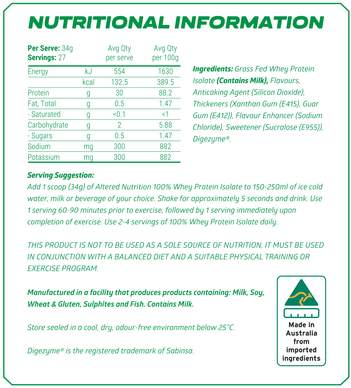 Altered Nutrition 100% Isolate Protein Powder Nutrition Info