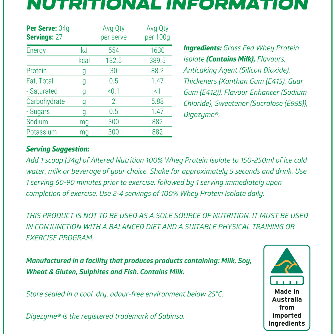 Altered Nutrition 100% Isolate Protein Powder Nutrition Info