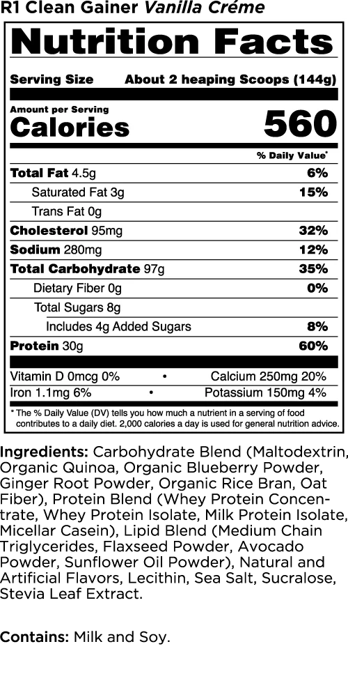 Rule 1 R1 Clean Gainer Nutrition Info