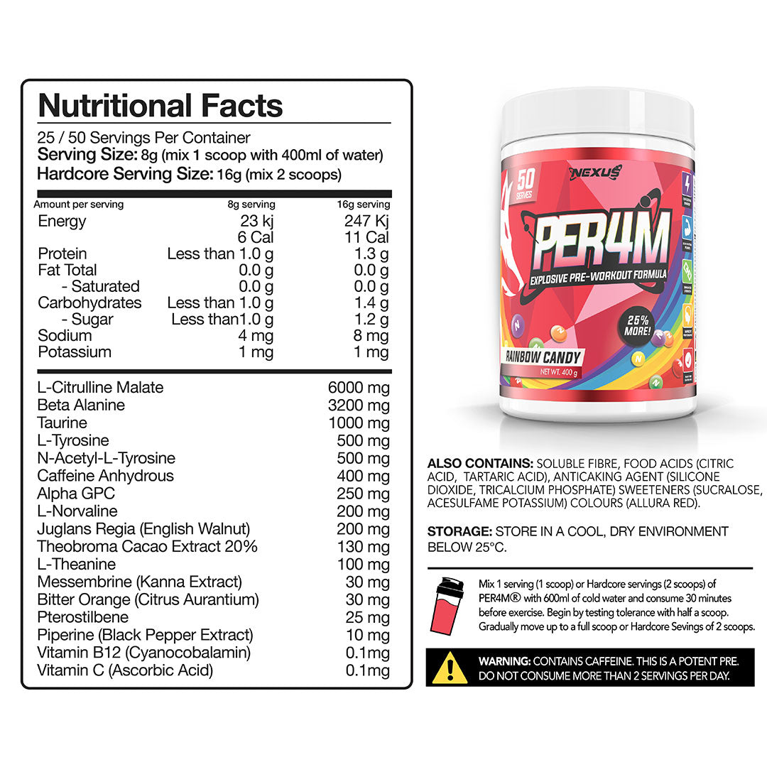 Nexus Sports Nutrition Perf4m Pre Workout Supplement Rainbow Candy Ingredient Panel