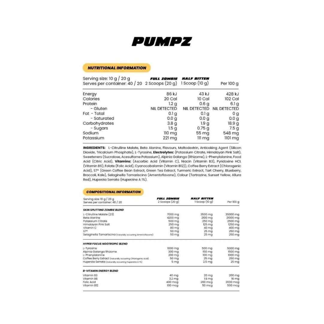 Zombie Labs Pumpz Pre Workout Nutrition Info