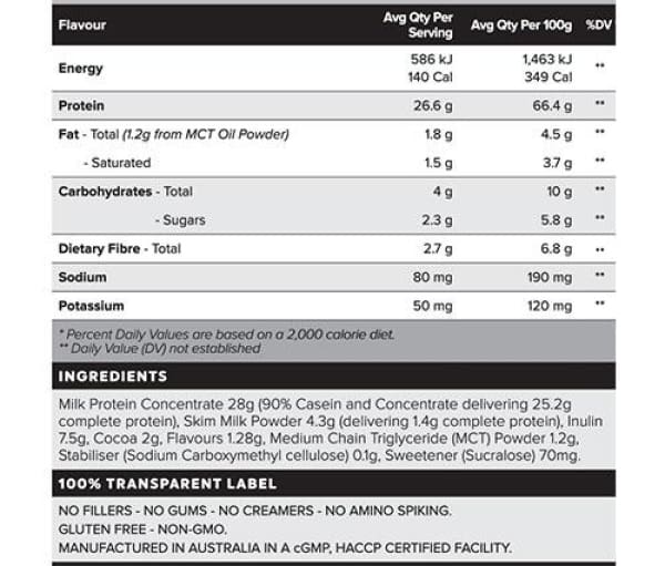 Muscle Nation Casein Custard Protein Powder Nutrition Info