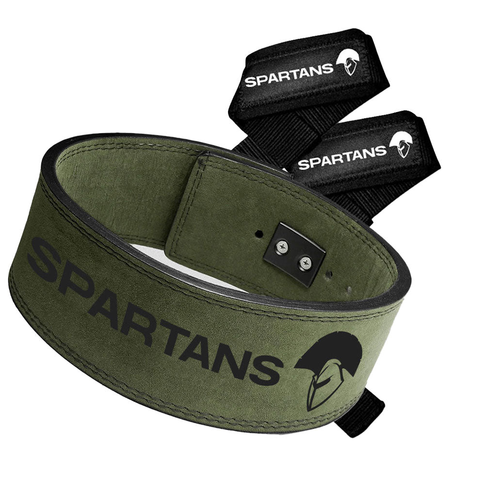 Green weightlifting belt with 'Spartans' branding on a white background
