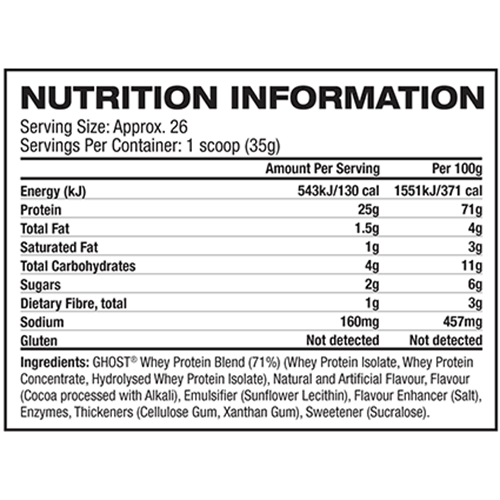 Ghost Whey Protein Powder with BCAAs Nutrition Info