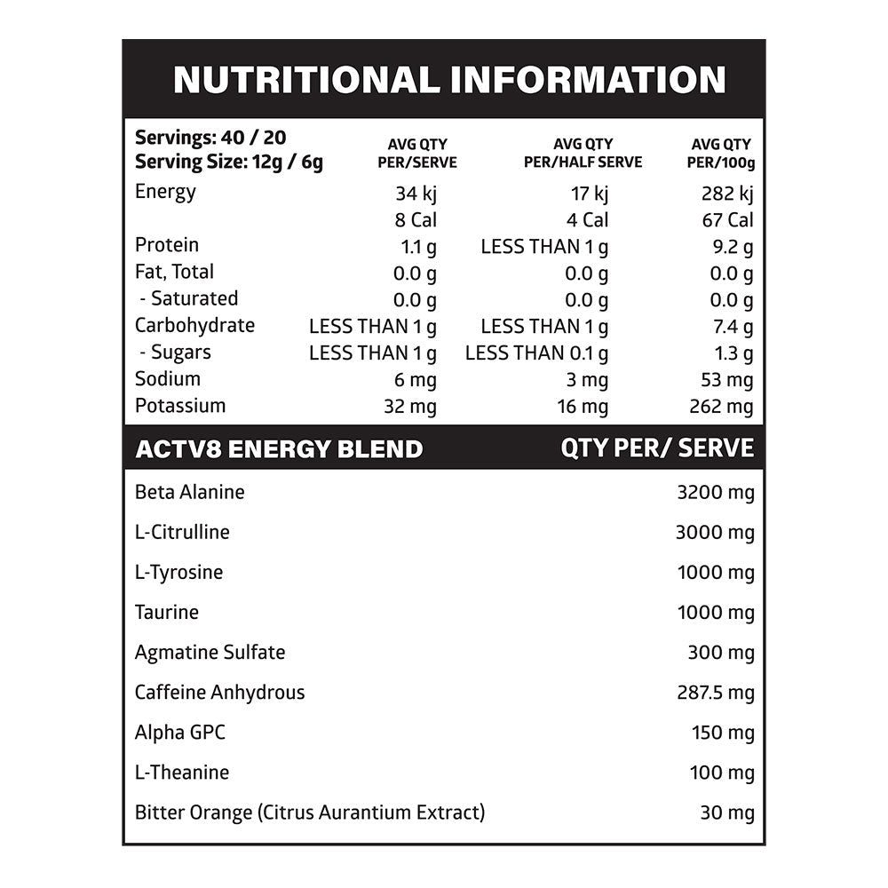 Hybrid Nutrition ACTV8 Pre Supplement Facts