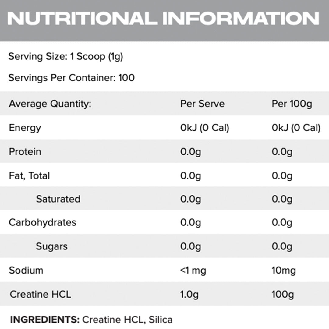 Hybrid Nutrition Creatine HCL Nutrition Info