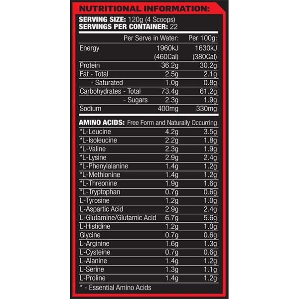 Maxs Clean Mass Protein Powder Nutrition Info