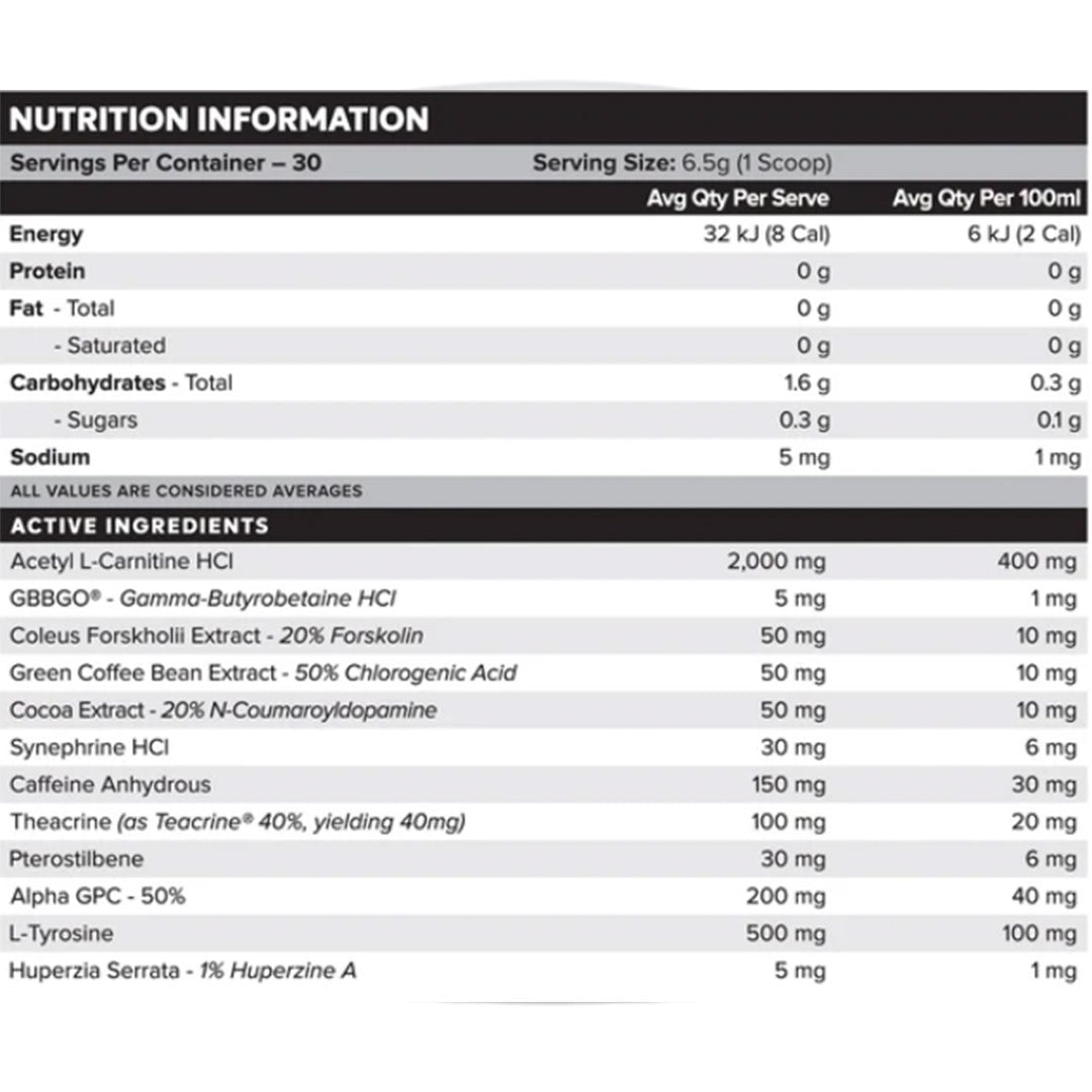 Muscle Nation Destiny Fat Burner Nutrition Info