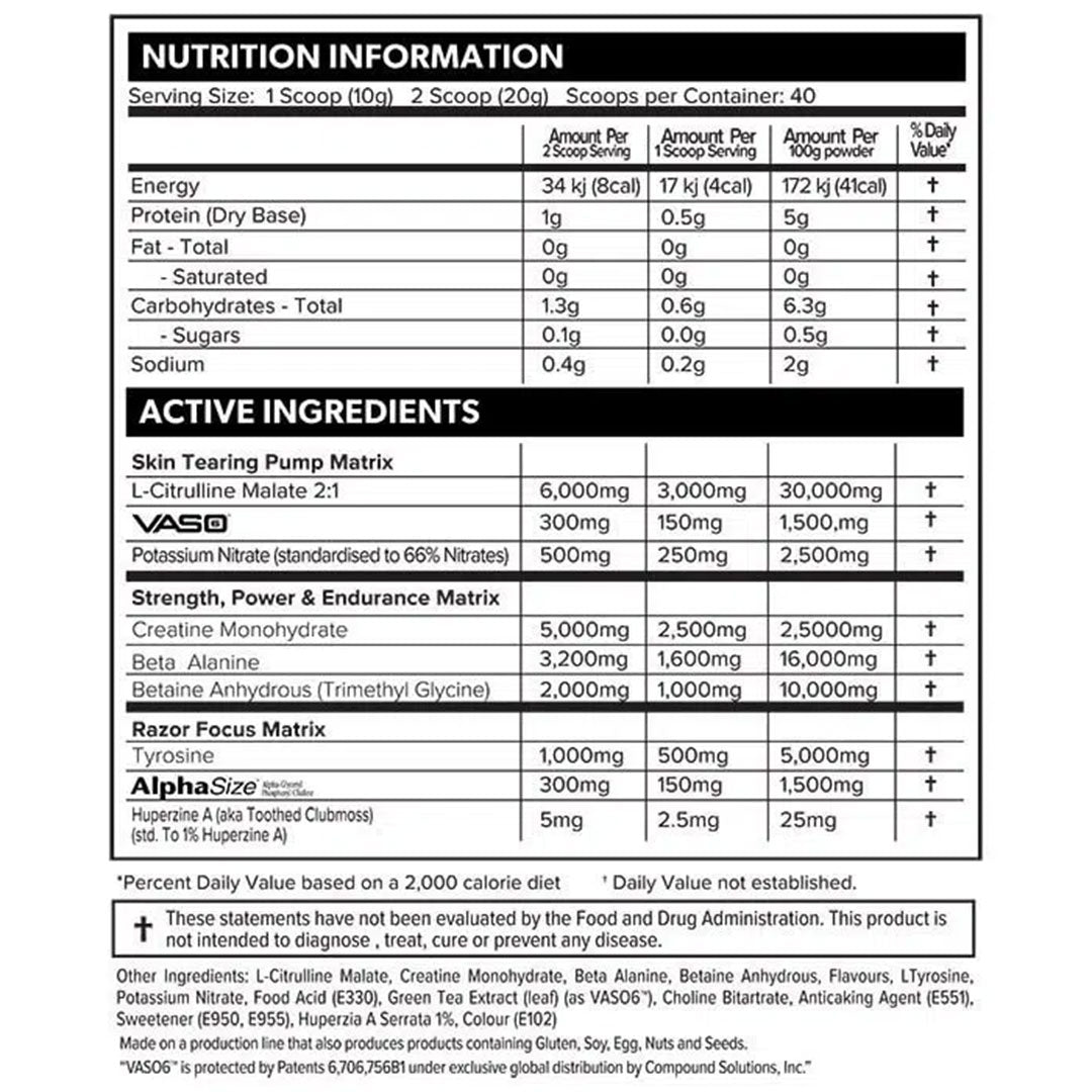 Primabolics Grind Non-Stim Pre Workout Nutrition Info