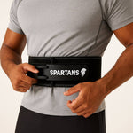 Spartans Elite Lever Lifting Belt featuring bold white logo on black suede with lever buckle for strength training