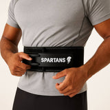 Spartans Elite Lever Lifting Belt featuring bold white logo on black suede with lever buckle for strength training