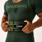 Military green Spartans Elite Lever Lifting Belt with black logo, 10mm suede construction and lever clasp